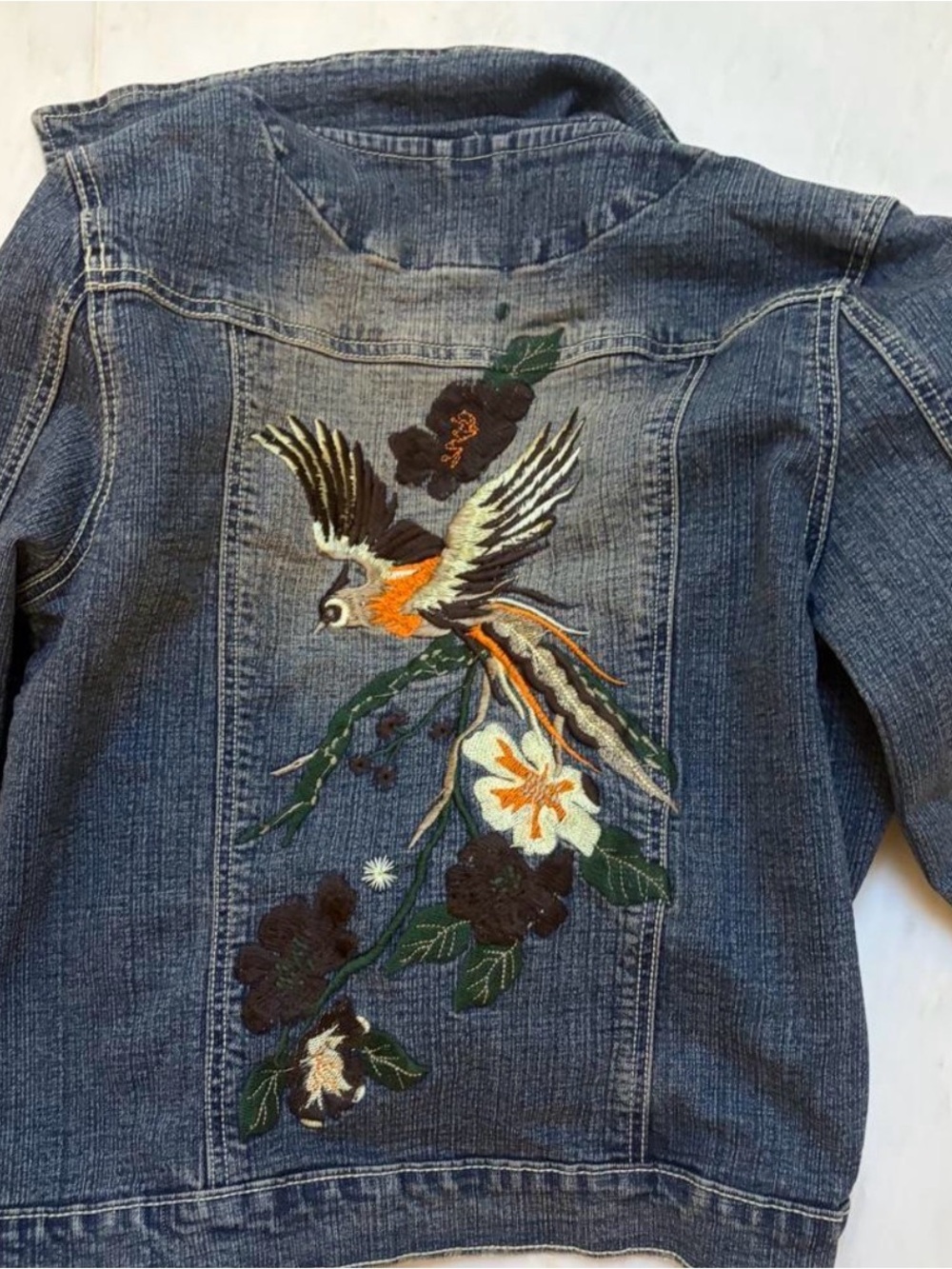 Willi Smith Blue Denim Jacket with Embroidered Bird & Floral Accents